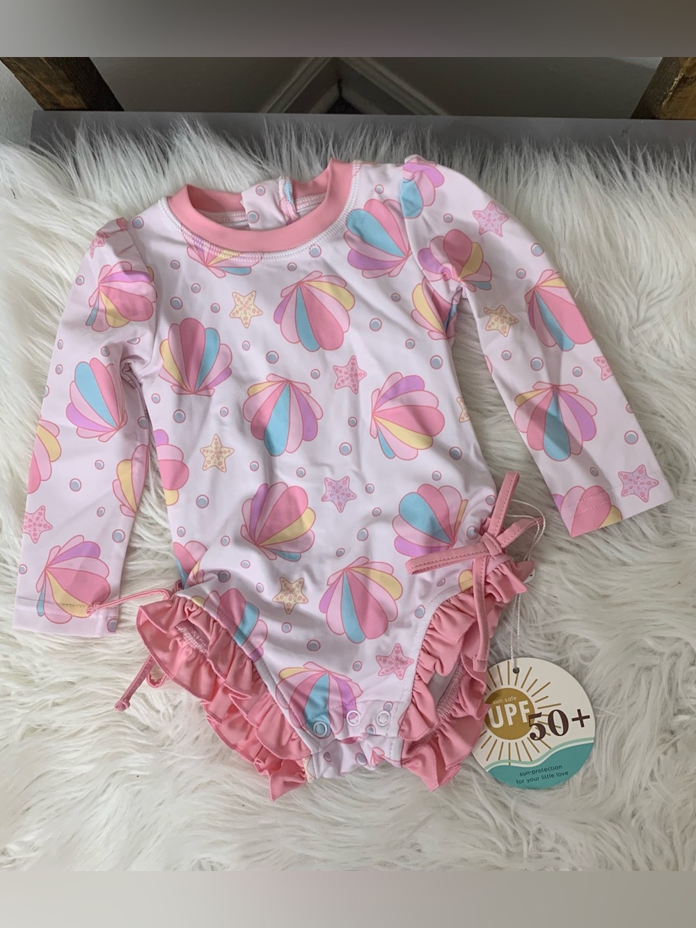 Caden Lane Kids Long-Sleeve Pink Seashell Rash Guard Swimsuit Size 6-12M